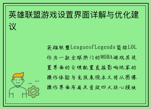 英雄联盟游戏设置界面详解与优化建议