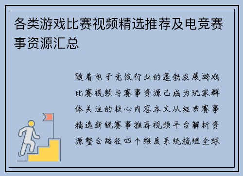 各类游戏比赛视频精选推荐及电竞赛事资源汇总