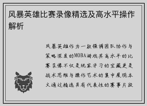 风暴英雄比赛录像精选及高水平操作解析