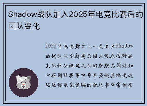 Shadow战队加入2025年电竞比赛后的团队变化